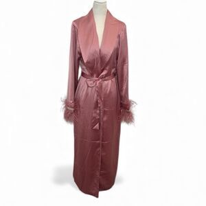 naked wardrobe Rose Satin Feather-Trim Long Robe